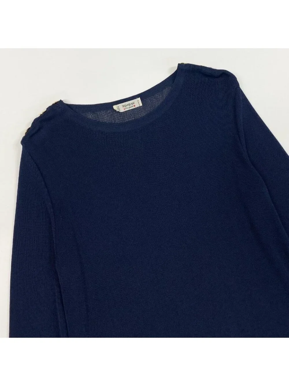 Saint Laurent Rive Gauche Rib Long Sleeve Knit Gold Button Navy Rayon Sweater